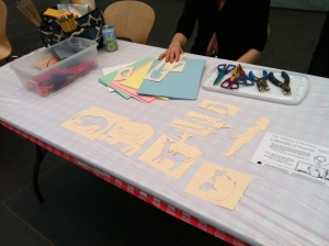 Our puppet-making table, all set up.